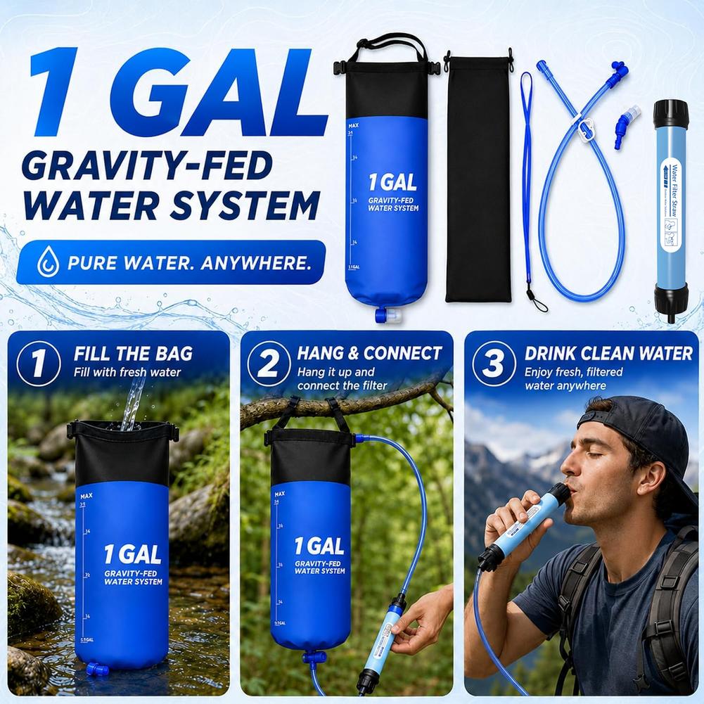 Outdoor Adventure Backpack - 1 Gal Schwerkraft-Wasserfilterbeutel-Strohhalm-Set, Camping- und Wander-Filtrationssystem,